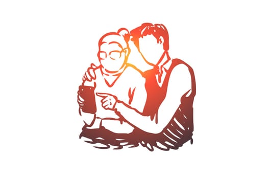 Watching online together concept. The young man learns to use phone the old woman concept. Hand drawn sketch isolated illustration.