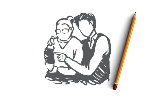 Watching online together concept. The young man learns to use phone the old woman concept. Hand drawn sketch isolated illustration.