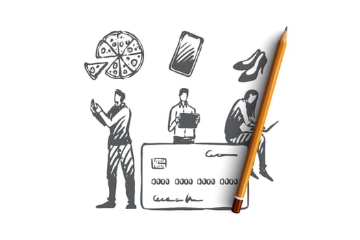 Online shopping, internet shop, card payment vector concept. People ordering and buying different things from laptops and phone. Hand drawn sketch isolated illustration