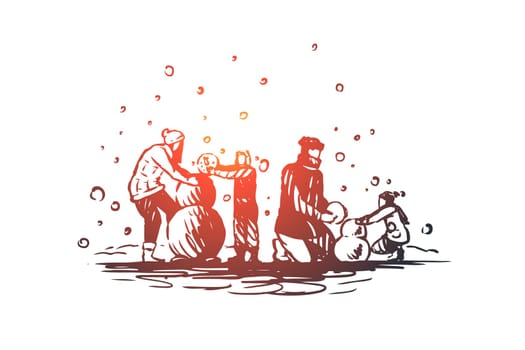 Family, togetherness, winter, Christmas happiness vector concept. Parents and two children build a snowman. Hand drawn sketch isolated illustration
