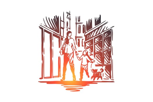 Mother's day vector concept. Mother, daughter and dog walking together. Hand drawn sketch isolated illustration