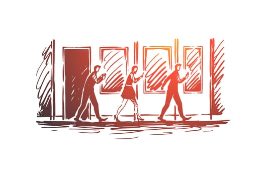 Gadgets addiction concept. People watch online in phones in the city. Hand drawn sketch isolated illustration