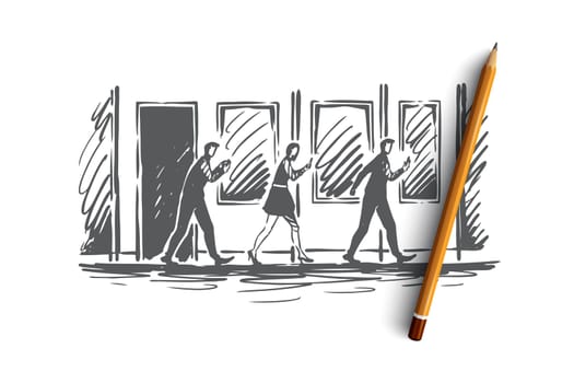 Gadgets addiction concept. People watch online in phones in the city. Hand drawn sketch isolated illustration
