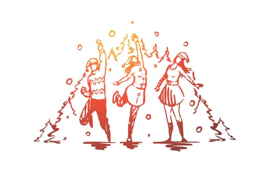 Christmas, New Year, celebrating with friends vector concept. Group of friends celebrating holiday and having fun together. Hand drawn sketch isolated illustration