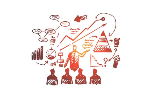 Business presentation vector concept. Businessman showing his presentation to audience. Hand drawn sketch isolated illustration