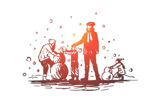 Family, togetherness, winter, Christmas happiness vector concept. Parents and two children build a snowman. Hand drawn sketch isolated illustration
