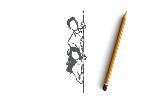 Plagiarism, peeping, stealing other people's ideas vector concept. Man and woman peeping from corner. Hand drawn sketch isolated illustration