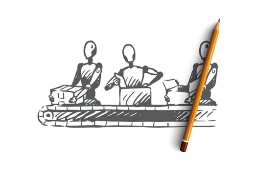 Artificial intelligence vector concept. Robots packing boxes on production. Hand drawn sketch isolated illustration