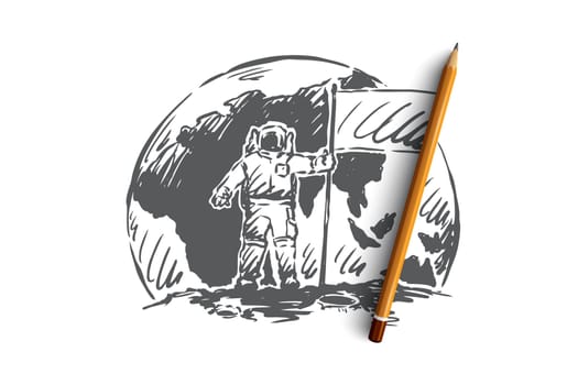 Start-up, leadership, astronaut vector concept. First man on Moon with flag. Hand drawn sketch isolated illustration