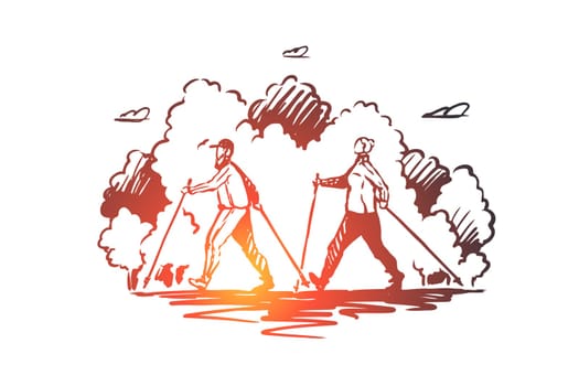 Nordic walking, sport, active lifestyle vector concept. Man and woman practicing nordic walking in park together. Hand drawn sketch isolated illustration
