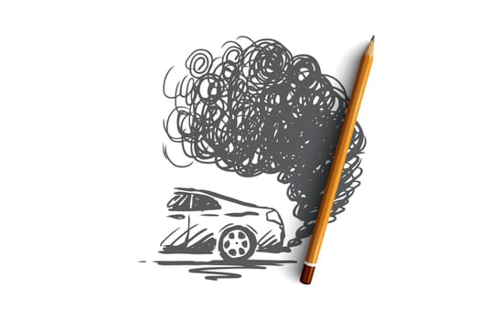 Pollution vector concept. Car with puffs of smoke behind it. Hand drawn sketch isolated illustration