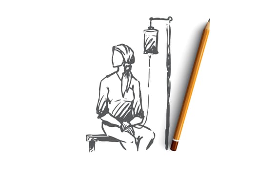 Oncology, disease vector concept. Woman in headscarf sitting under drip in hospital. Hand drawn sketch isolated illustration