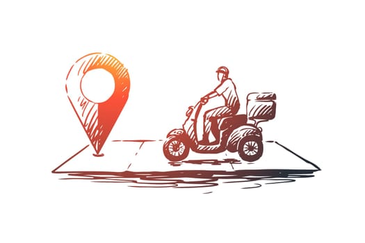 Pizza delivery vector concept. Delivery man going by bike to point on map. Hand drawn sketch isolated illustration