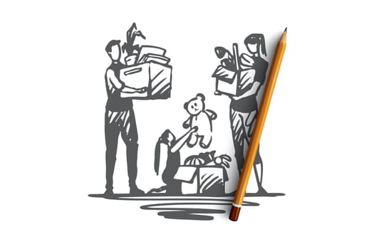 Family moving, recolation, changing flat together vector concept. Parents and daughter packing boxes to move together. Hand drawn sketch isolated illustration