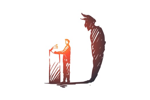 Politician, debate, elections vector concept. Politician speaking from podium with devil shadow behind. People with signs in hands taking part in rally. Hand drawn sketch isolated illustration