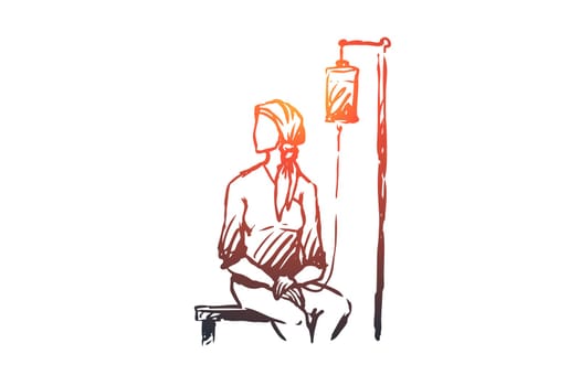 Oncology, disease vector concept. Woman in headscarf sitting under drip in hospital. Hand drawn sketch isolated illustration
