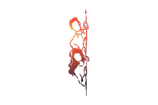 Plagiarism, peeping, stealing other people's ideas vector concept. Man and woman peeping from corner. Hand drawn sketch isolated illustration
