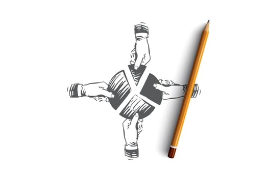 Co working, teamwork concept. People together hold the circular diagram in hand. Hand drawn sketch isolated illustration
