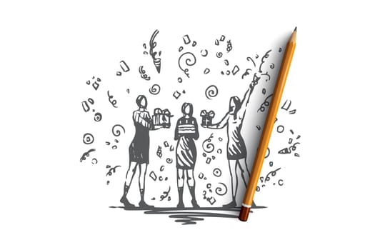 Present, gift, birthday party vector concept. Two girls holding and giving presents to birthday lady with cake in hands. Hand drawn sketch isolated illustration