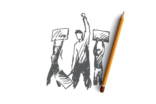 Demonstration, riots, rallies vector concept. People with signs in hands taking part in rally. Hand drawn sketch isolated illustration