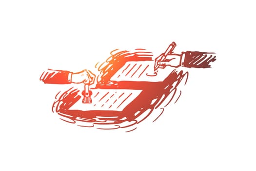 Contract, agreement, notary concept. Two hands sign the contract on a table. Hand drawn sketch isolated illustration