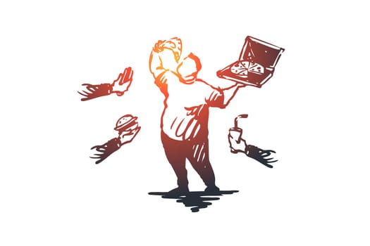 Overeating, fast food, obesity vector concept. Fat man surrounded by fast food items eating pizza from pack. Hand drawn sketch isolated illustration