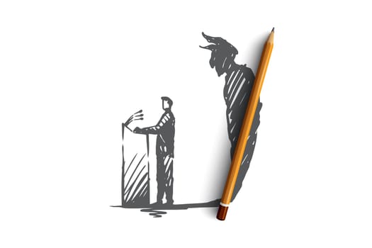Politician, debate, elections vector concept. Politician speaking from podium with devil shadow behind. People with signs in hands taking part in rally. Hand drawn sketch isolated illustration