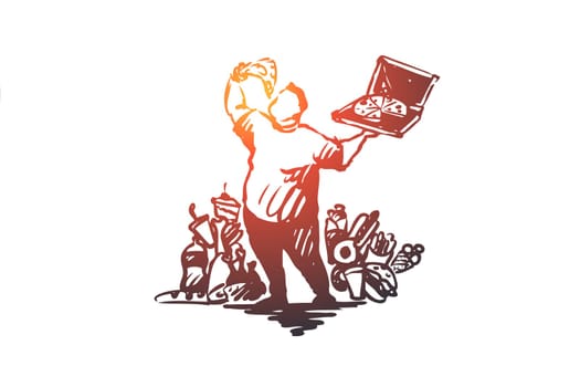 Overeating, fast food, obesity vector concept. Fat man surrounded by fast food items eating pizza from pack. Hand drawn sketch isolated illustration