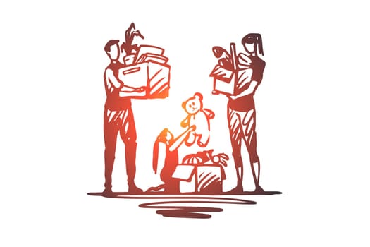 Family moving, recolation, changing flat together vector concept. Parents and daughter packing boxes to move together. Hand drawn sketch isolated illustration