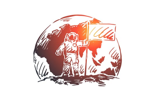 Start-up, leadership, astronaut vector concept. First man on Moon with flag. Hand drawn sketch isolated illustration