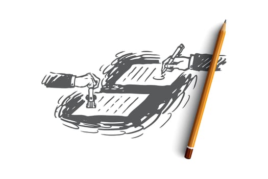 Contract, agreement, notary concept. Two hands sign the contract on a table. Hand drawn sketch isolated illustration