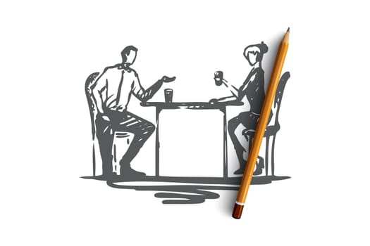Colleagues, employees, friends vector concept. Businessman and woman sitting, drinking tea of coffee and chatting. Hand drawn sketch isolated illustration