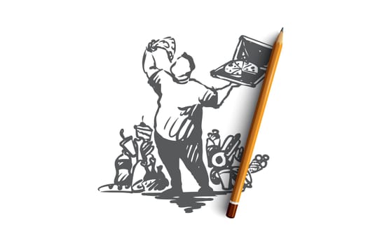 Overeating, fast food, obesity vector concept. Fat man surrounded by fast food items eating pizza from pack. Hand drawn sketch isolated illustration