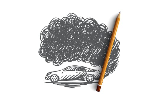 Pollution vector concept. Car with puffs of smoke behind it. Hand drawn sketch isolated illustration
