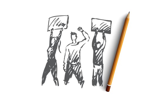 Demonstration, riots, rallies vector concept. People with signs in hands taking part in rally. Hand drawn sketch isolated illustration