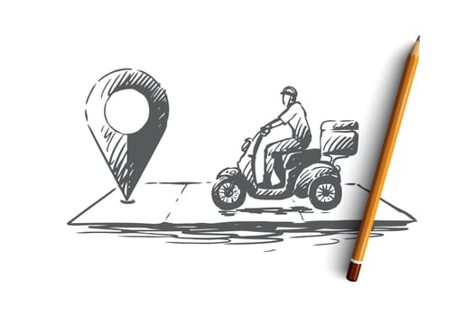 Pizza delivery vector concept. Delivery man going by bike to point on map. Hand drawn sketch isolated illustration
