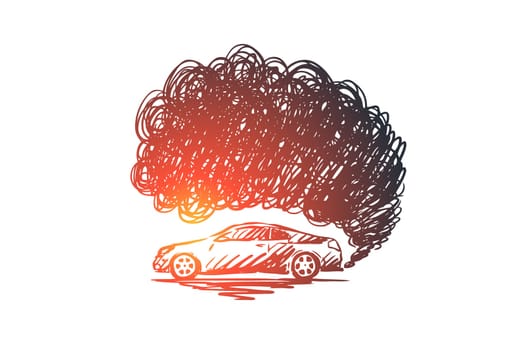 Pollution vector concept. Car with puffs of smoke behind it. Hand drawn sketch isolated illustration