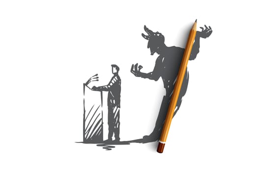 Politician, debate, elections vector concept. Politician speaking from podium with devil shadow behind. People with signs in hands taking part in rally. Hand drawn sketch isolated illustration