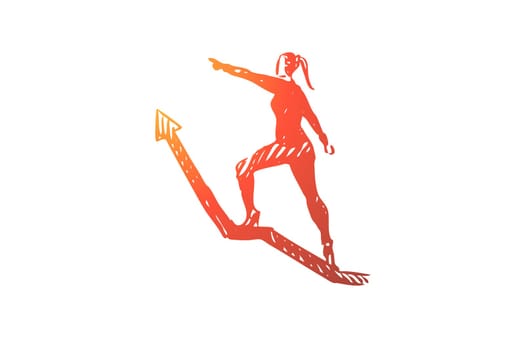 Leader, boss, director vector concept. Woman climbing up arrow. Hand drawn sketch isolated illustration