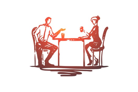 Colleagues, employees, friends vector concept. Businessman and woman sitting, drinking tea of coffee and chatting. Hand drawn sketch isolated illustration