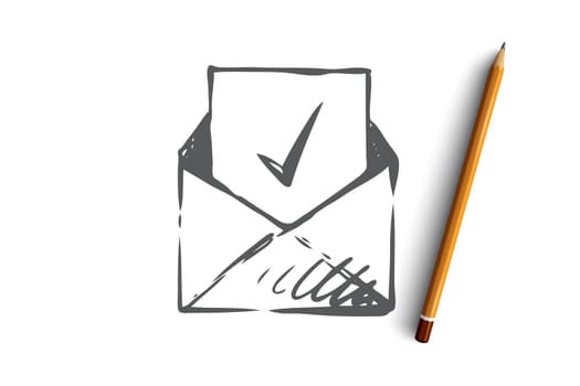 Approved, accepted vector concept. Envelope with approval mark inside . Hand drawn sketch isolated illustration