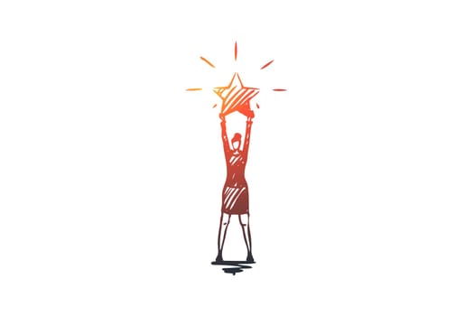 The best, rating, professional vector concept. Woman standing with big shining star in hands. Hand drawn sketch isolated illustration