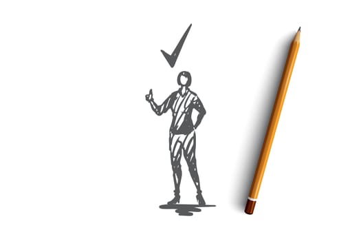 Approval, seal, certified, tick, woman concept. Hand drawn woman and symbol of approval concept sketch. Isolated vector illustration.
