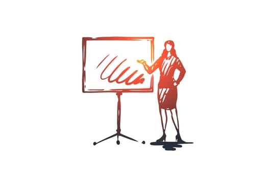 Business presentation vector concept. Business woman showing her presentation on blackboard. Hand drawn sketch isolated illustration