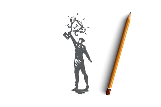 Champion, leader, winner vector concept. Woman with first prize trophey in hands. Hand drawn sketch isolated illustration