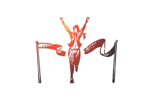 Leader, winner vector concept. Woman crossing finish line and breaking ribbon. Hand drawn sketch isolated illustration