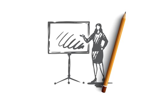 Business presentation vector concept. Business woman showing her presentation on blackboard. Hand drawn sketch isolated illustration
