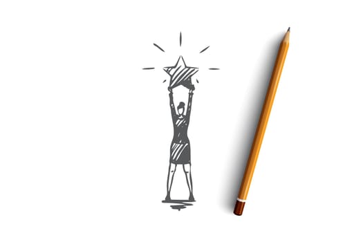 The best, rating, professional vector concept. Woman standing with big shining star in hands. Hand drawn sketch isolated illustration