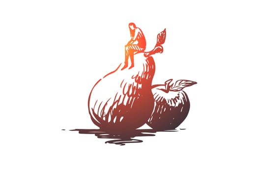 Apple, food, fruit, fresh, organic concept. Hand drawn man and big apple concept sketch. Isolated vector illustration.
