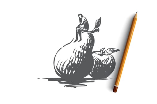 Apple, food, fruit, fresh, organic concept. Hand drawn man and big apple concept sketch. Isolated vector illustration.